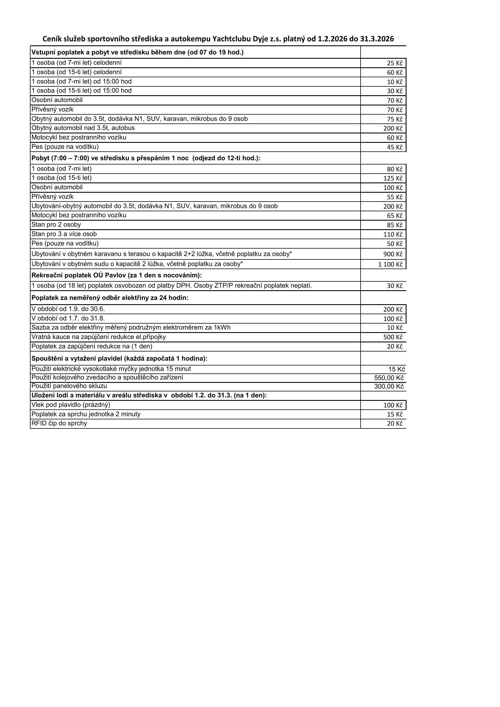 Ceník služeb YachtClubu Dyje z.s. na období od 01.02. - 31.03.2026