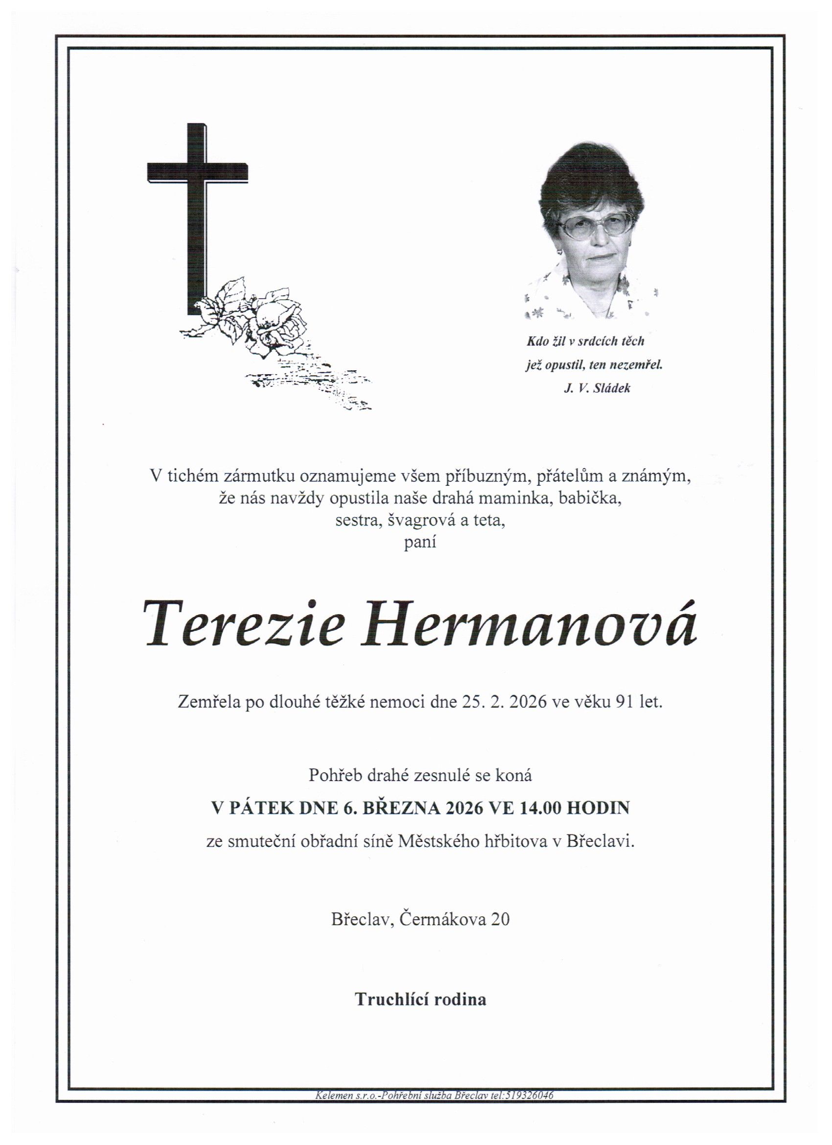 Smuteční sdělení Terezie Hermanová