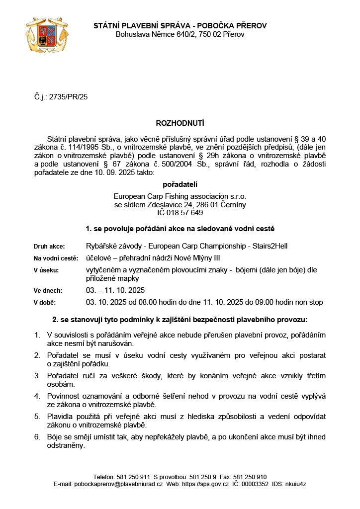 Rozhodnutí SPS o omezení plavby  03. - 11.10.2025